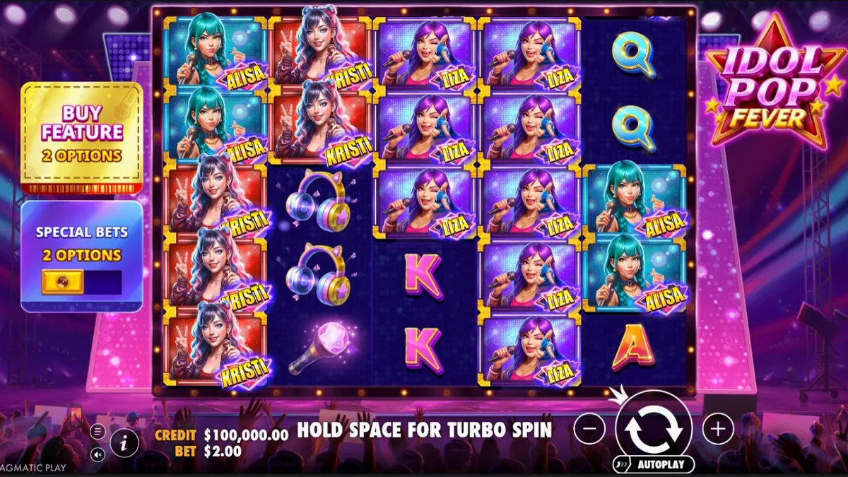 Tela de jogo do slot Idol Pop Fever com luzes de neon e membros da banda pop