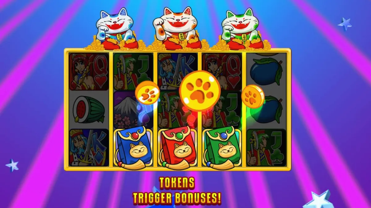 Interface colorida do slot Super Graphics Upside Down com gatos da sorte